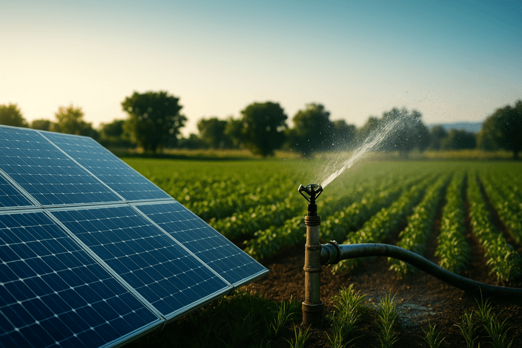 Système d’irrigation alimenté par panneaux solaires arrosant un champ agricole au Maroc.